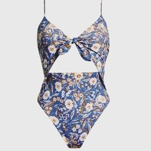 Veronica Beard Aniston Blue and Beige Cutout One-piece Swimsuit